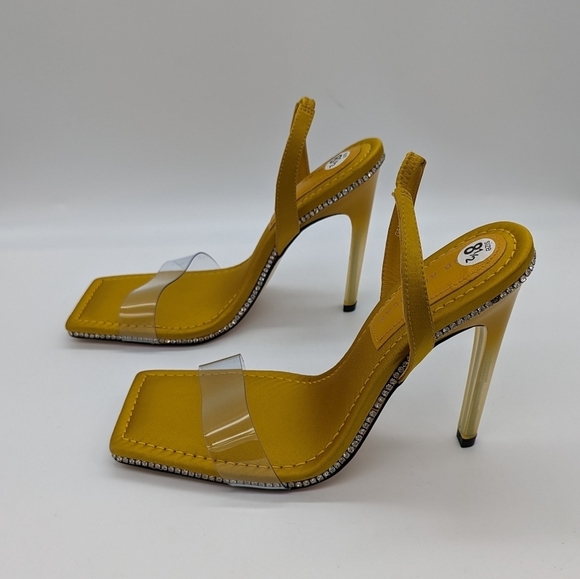 New! GOOD AMERICAN Crystal Crush Lucite Sandal Heels Gold Clear size 8.5 - Picture 4 of 10